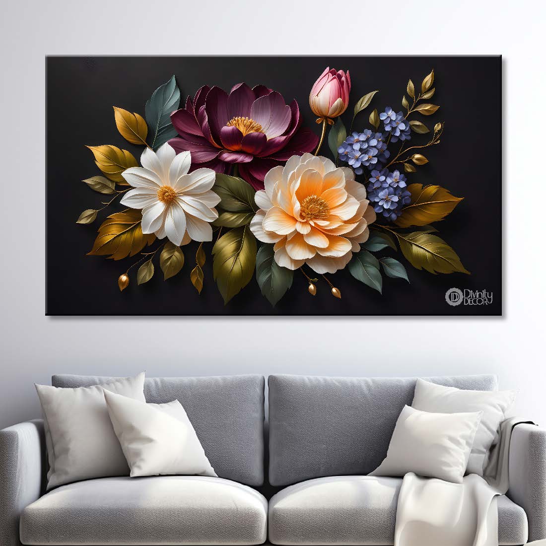 Colorful flowers in black background canvas painting- Flower-502