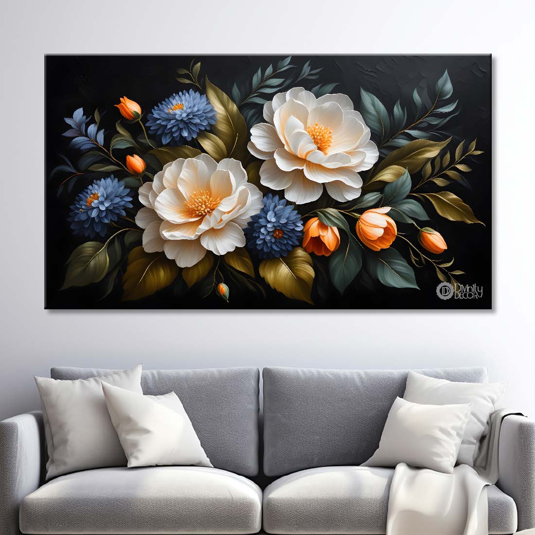 White flowers in black background canvas painting- Flower-503