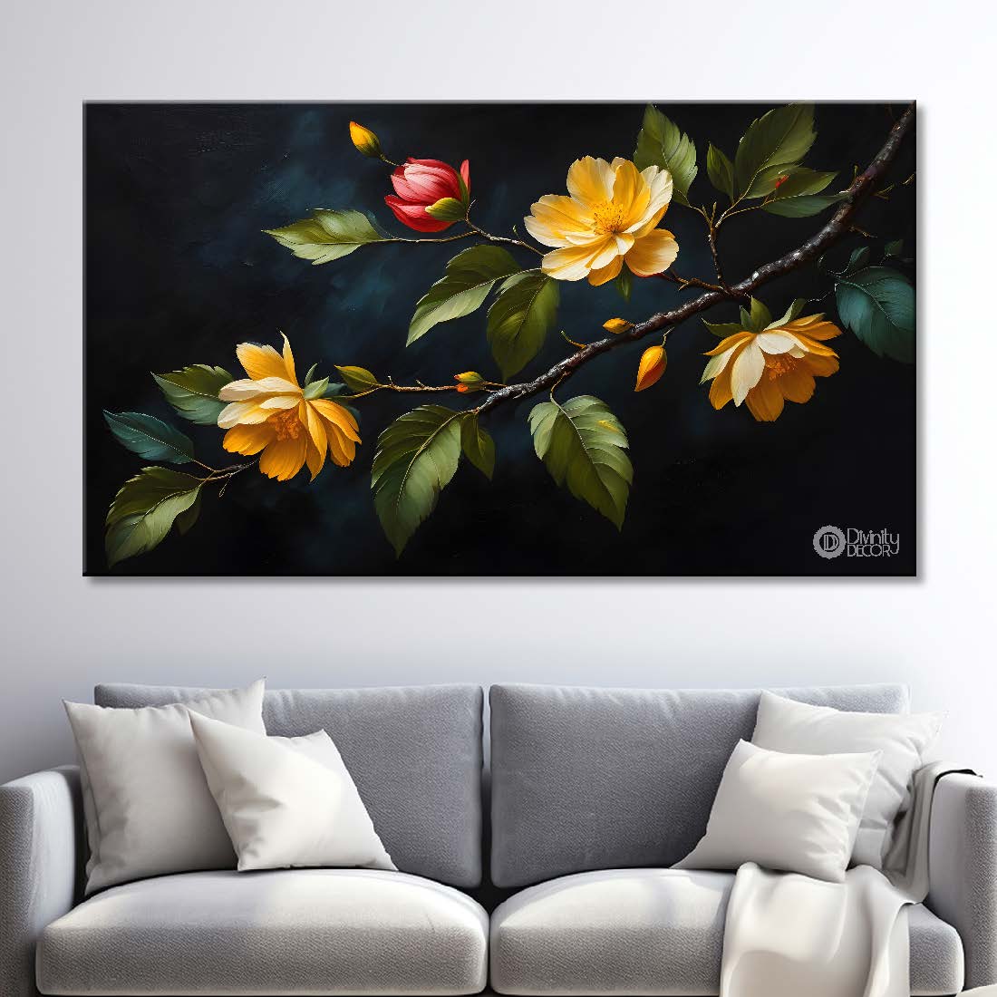 Yellow flowers in black background canvas painting- Flower-504