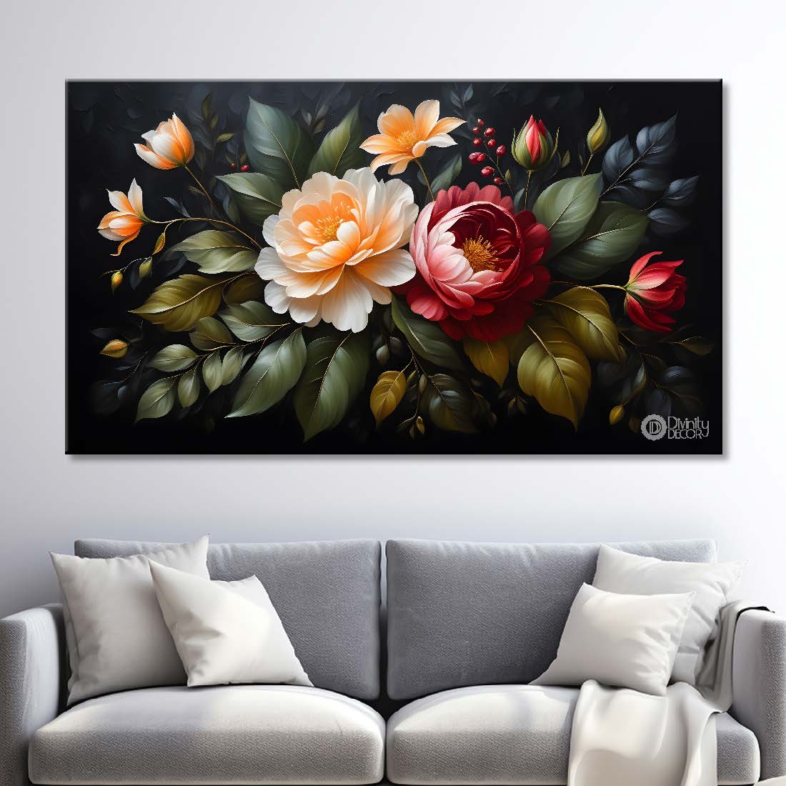 Colorful flowers in black background canvas painting- Flower-505