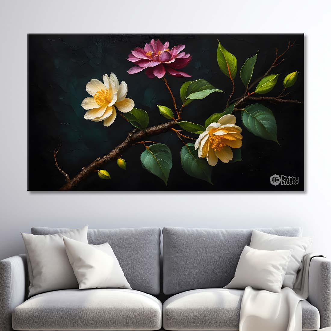 Colorful flowers in black background canvas painting- Flower-506