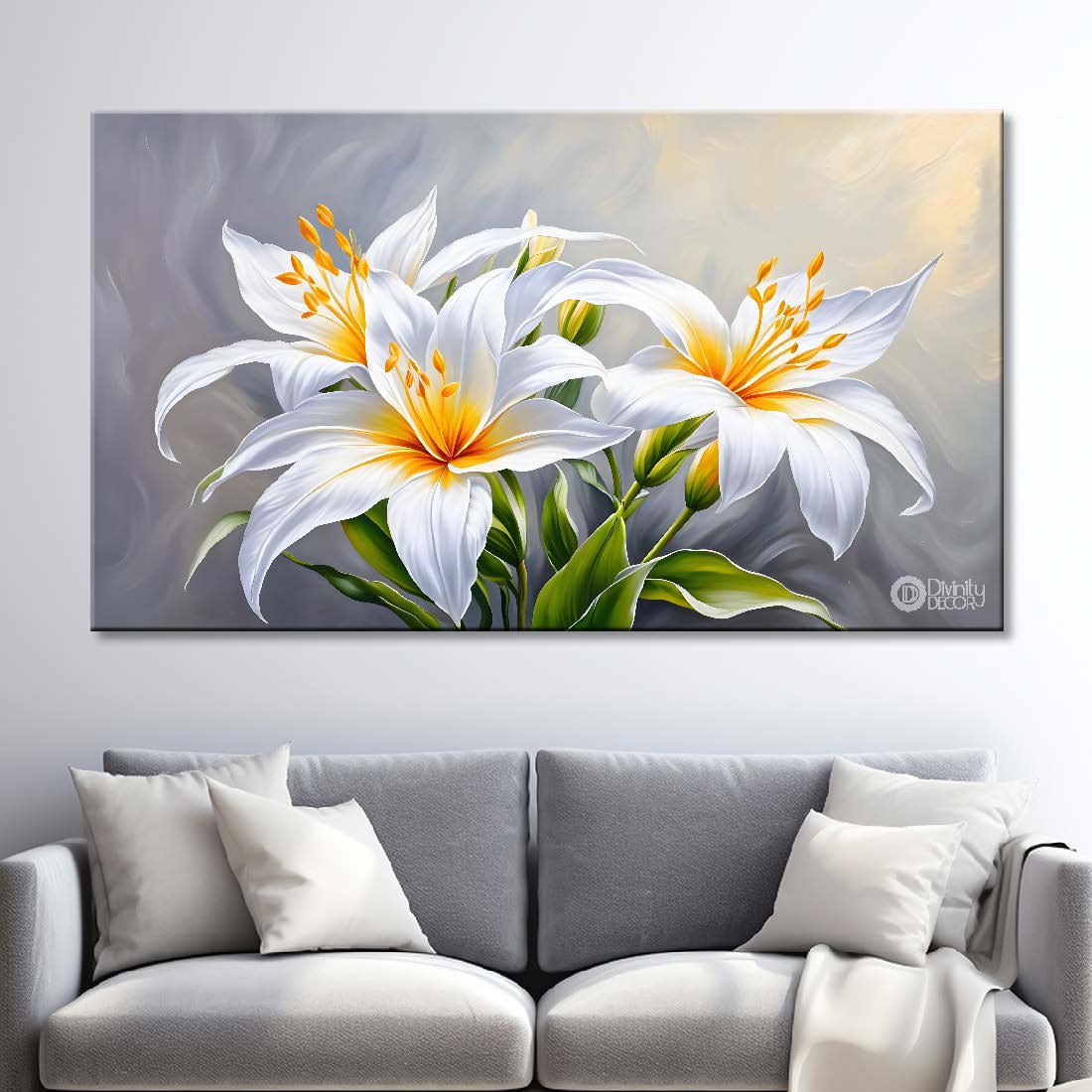 White flowers in grey background canvas painting- Flower-507