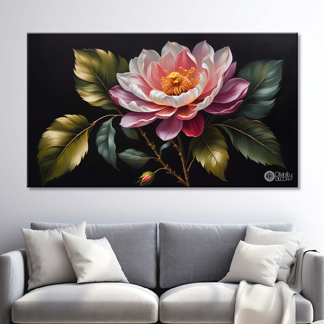 Pink flower in black background canvas painting- Flower-508