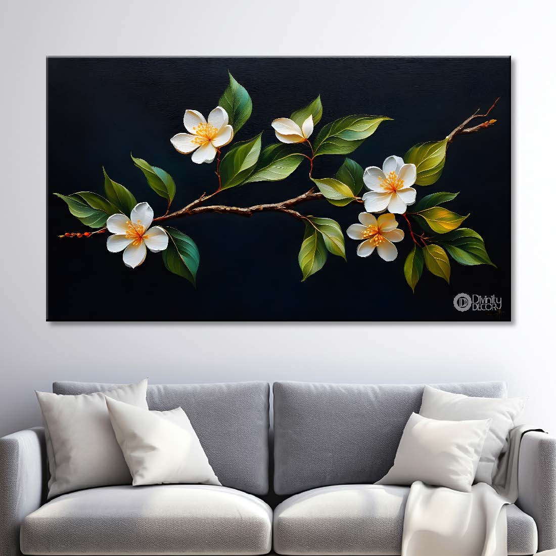 White flowers in black background canvas painting- Flower-509