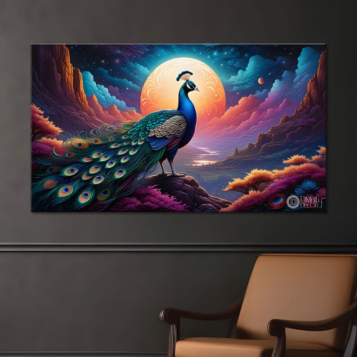 Peacock on the branch with blue background modern art Canvas Painting - Design - Peacock-51
