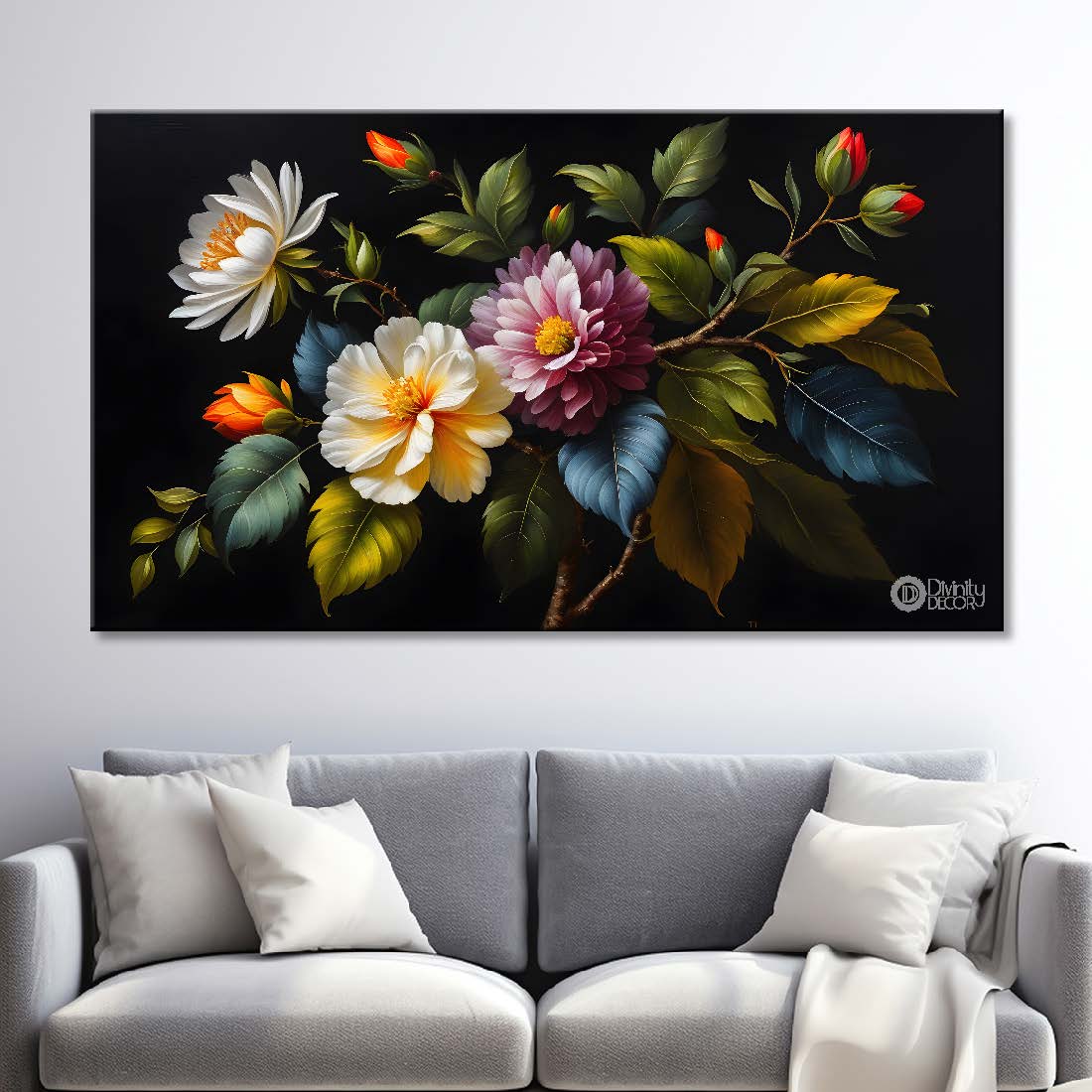 Colorful flowers in black background canvas painting- Flower-510