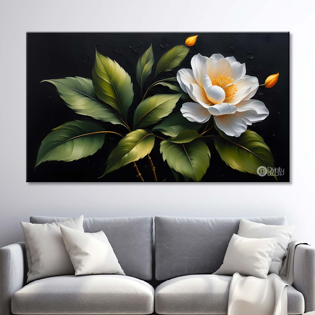 White flower in black background canvas painting- Flower-511