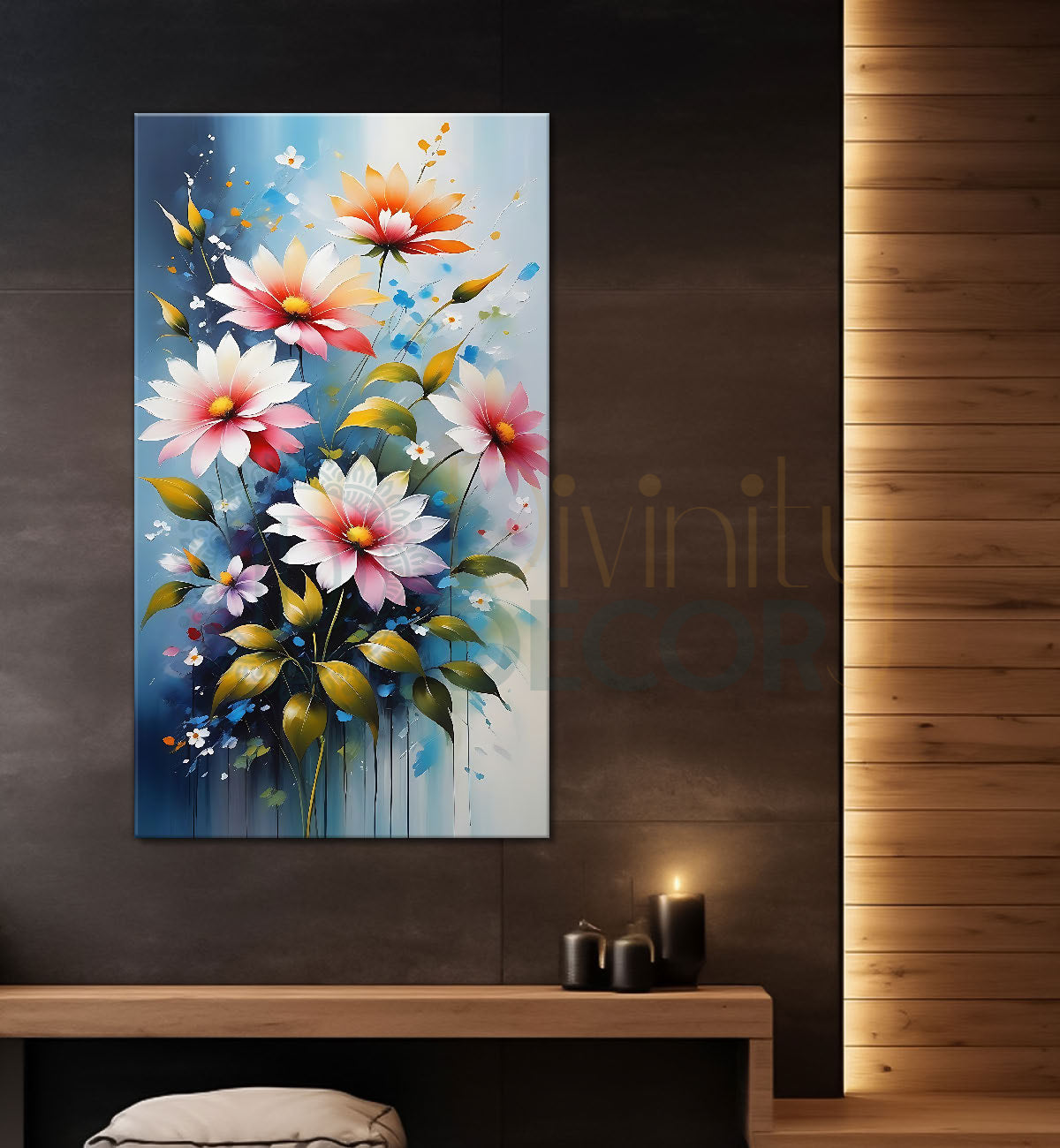 Pink flowers in sky blue textured background painting - Flower-V-511