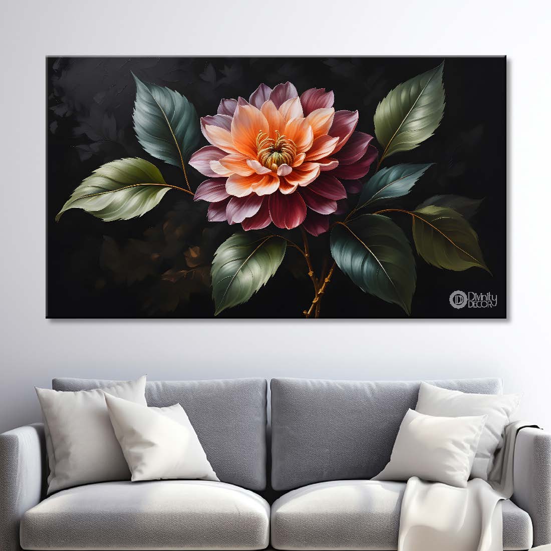 Pink flower in black background canvas painting- Flower-513