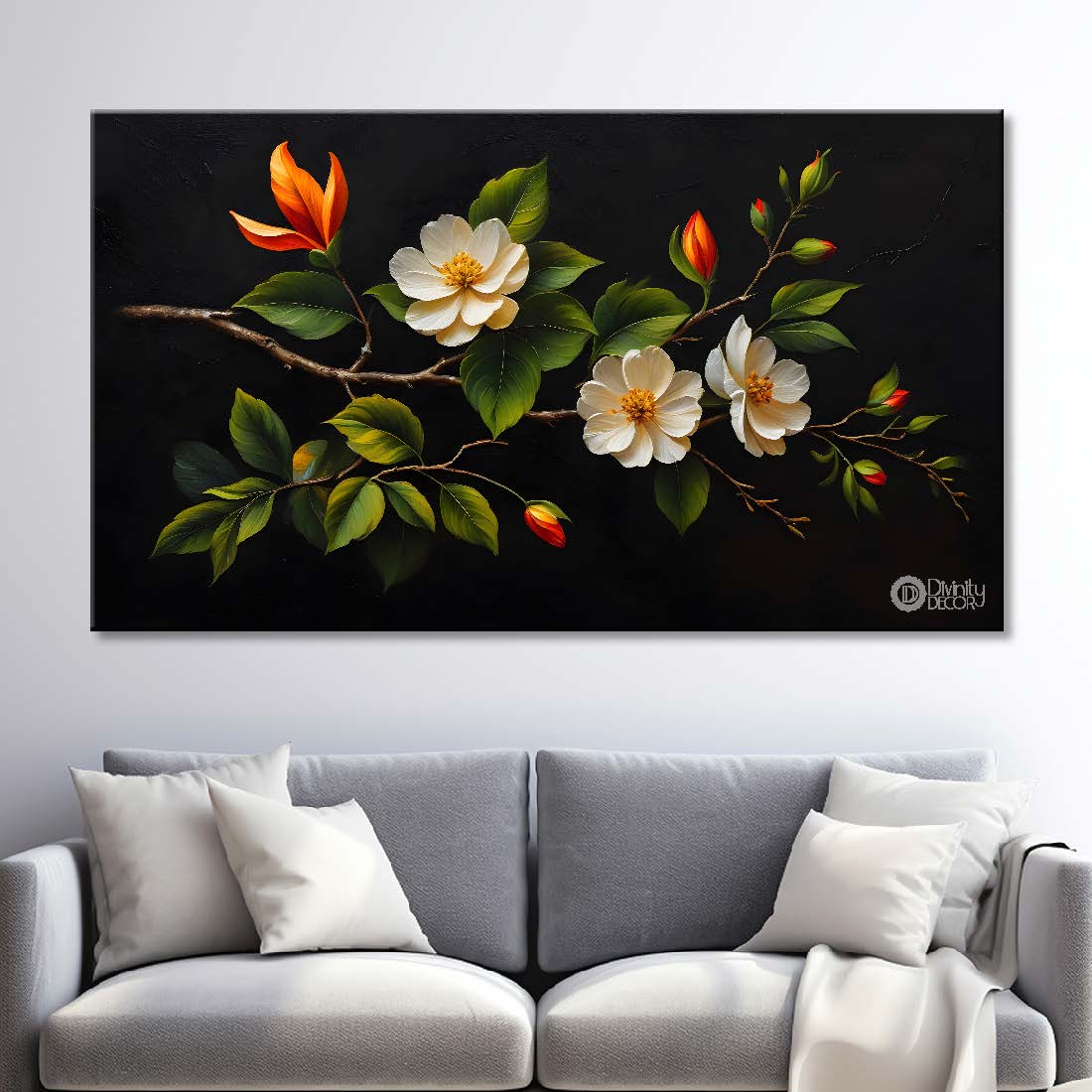 White flowers in black background canvas painting- Flower-514