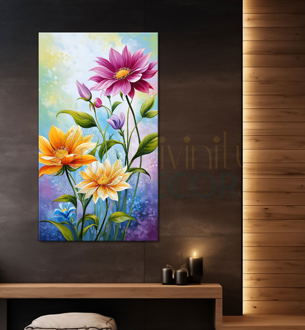 Pink and yellow flowers in colourful textured background - Flower-V-514