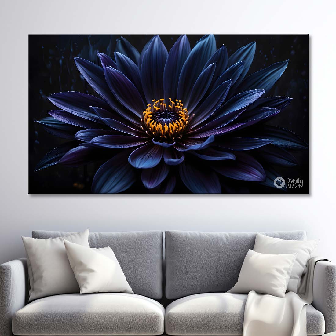 Navy blue flowers in black background canvas painting- Flower-515