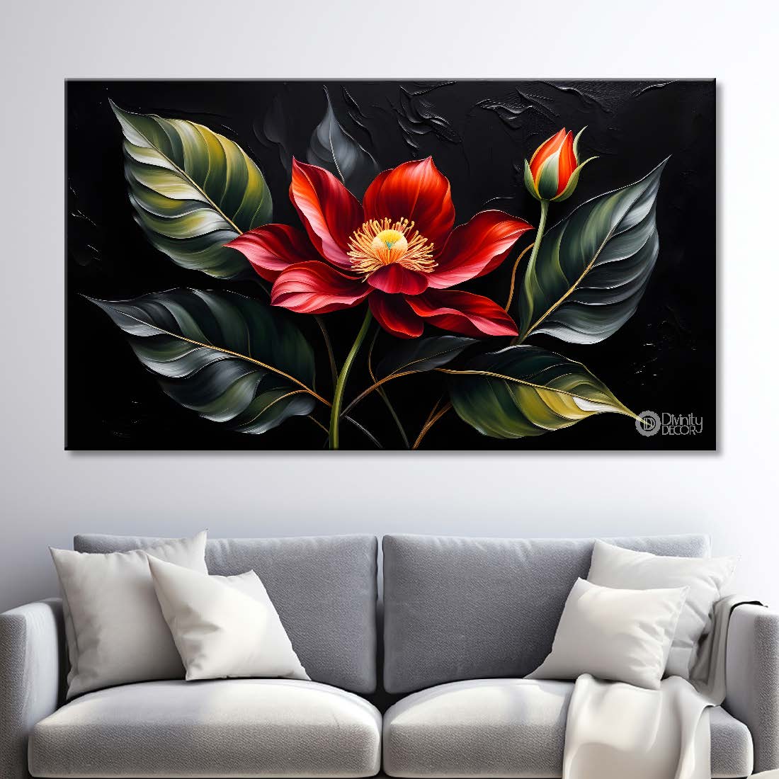 Red flower in black background canvas painting- Flower-516