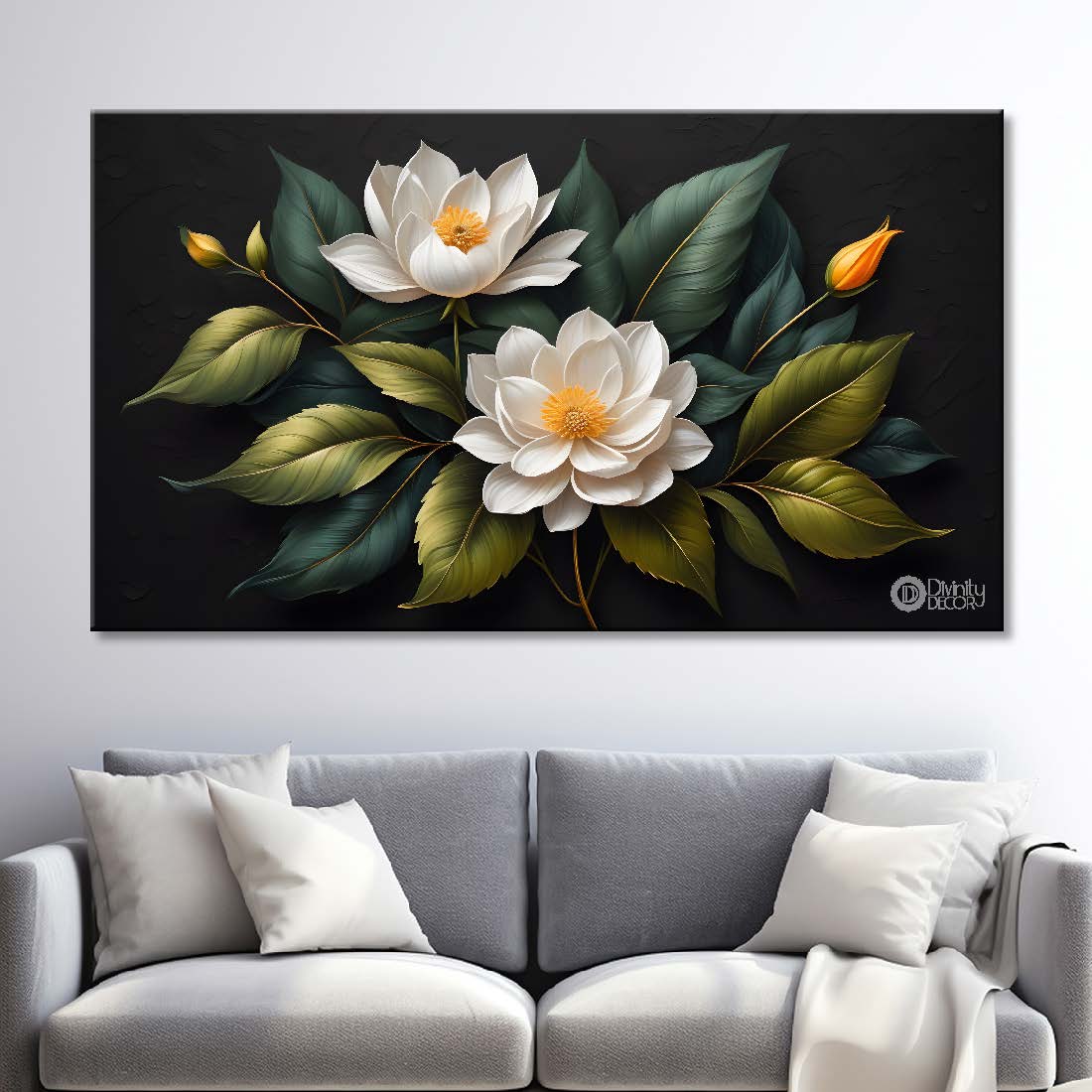 White flowers in black background canvas painting- Flower-517