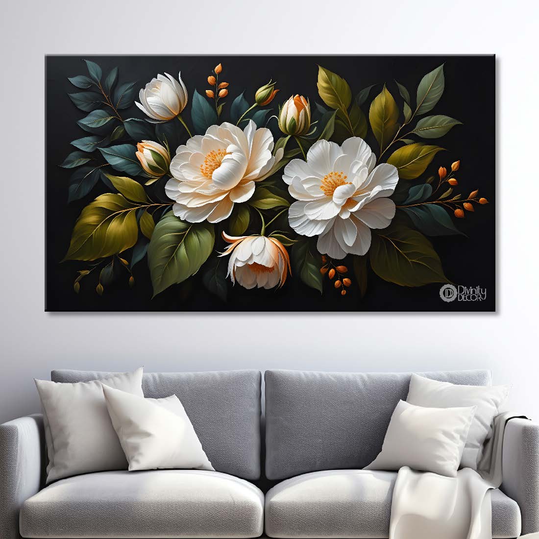 White flowers in black background canvas painting- Flower-518