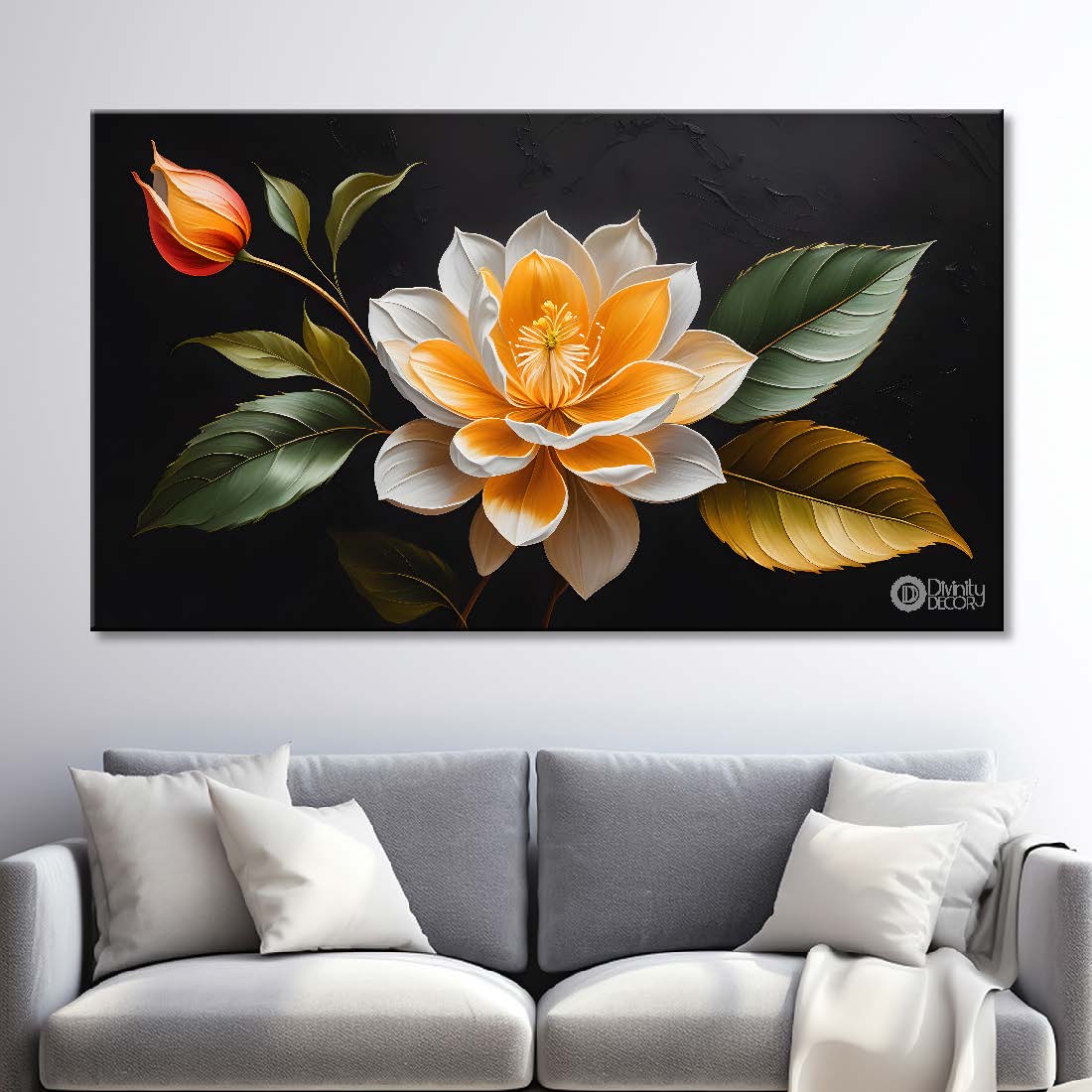 White flower in black background canvas painting- Flower-519
