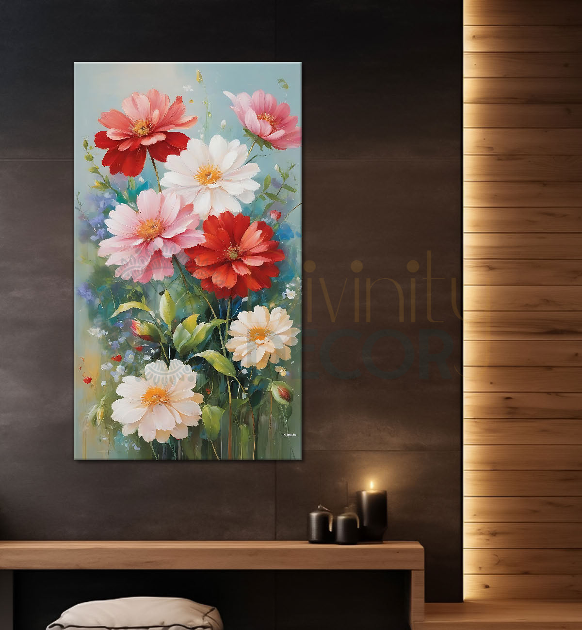 Pink flowers in grey textured painting- Flower-V-519