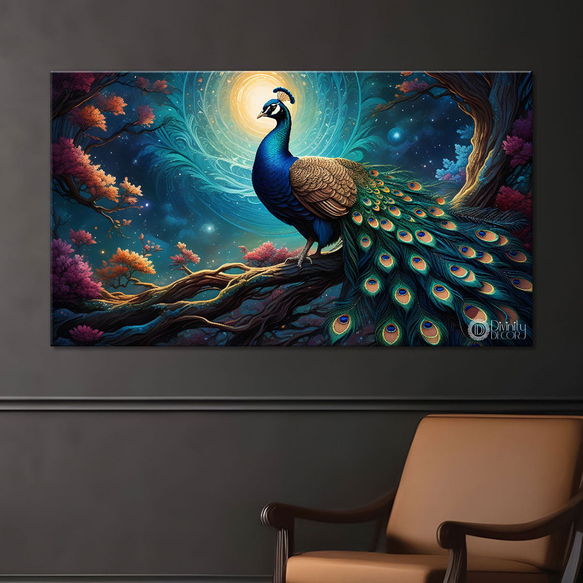 Peacock on the branch with blue background modern art Canvas Painting - Design - Peacock-52