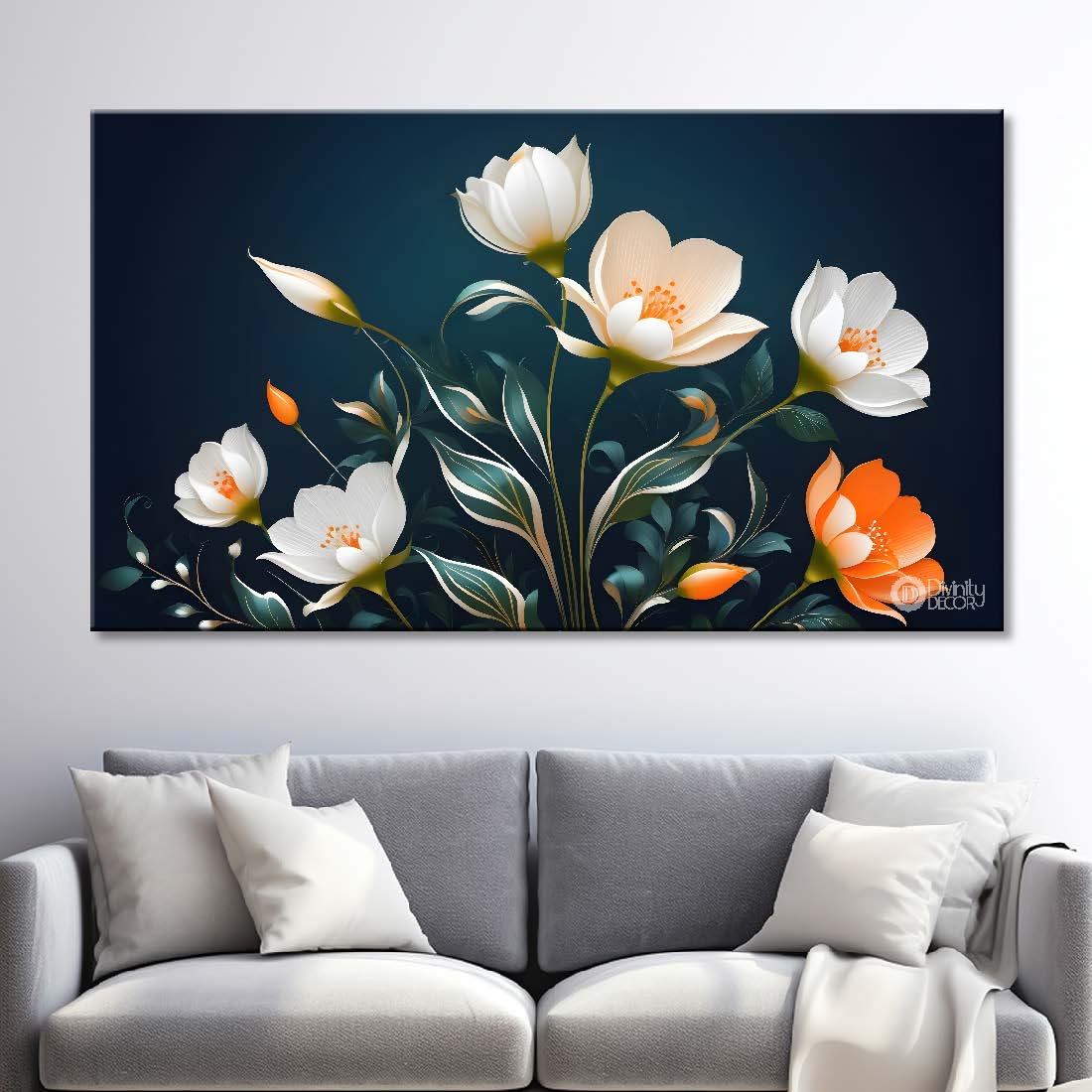 White flowers in black background canvas painting- Flower-520