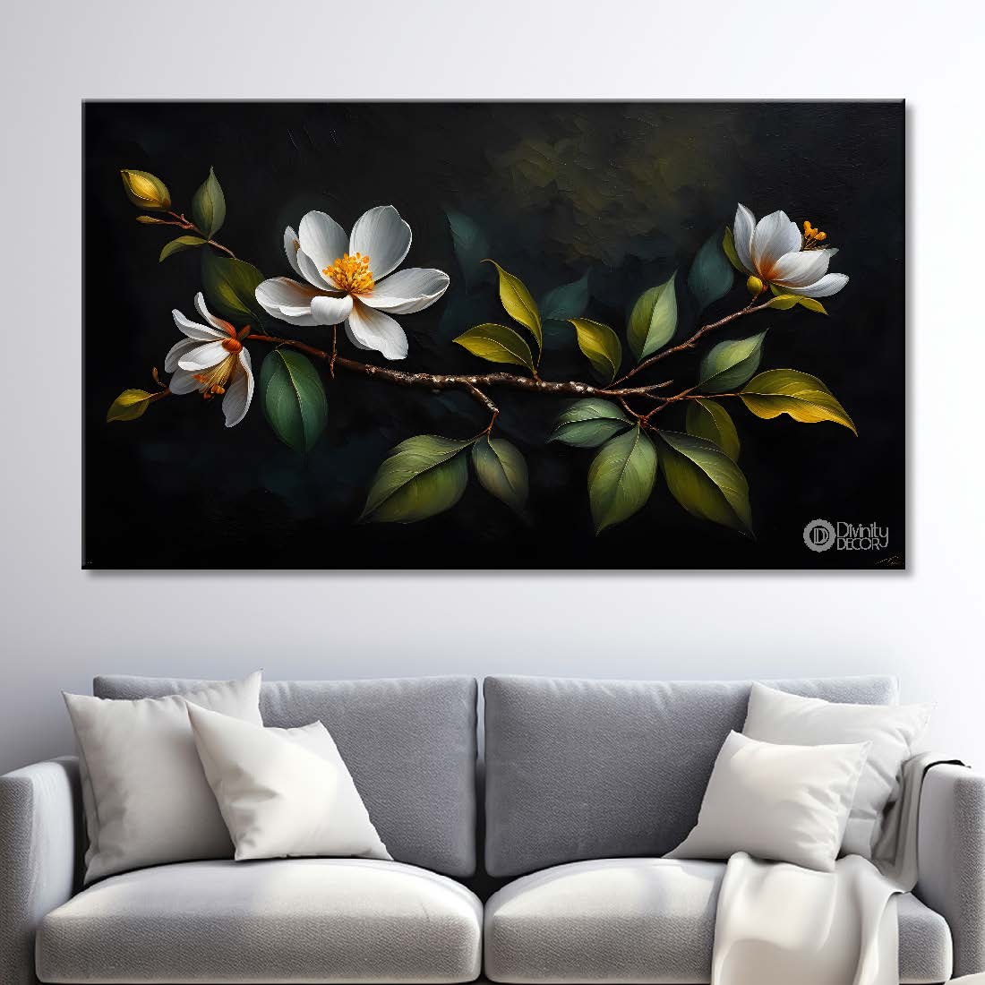 White flowers in black background canvas painting- Flower-521