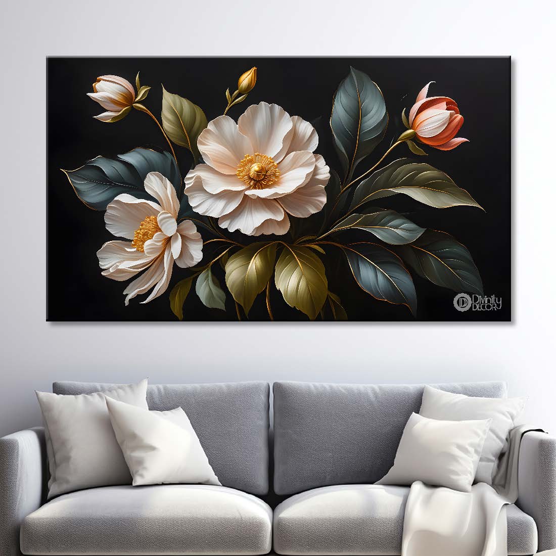 White flowers in black background canvas painting- Flower-522