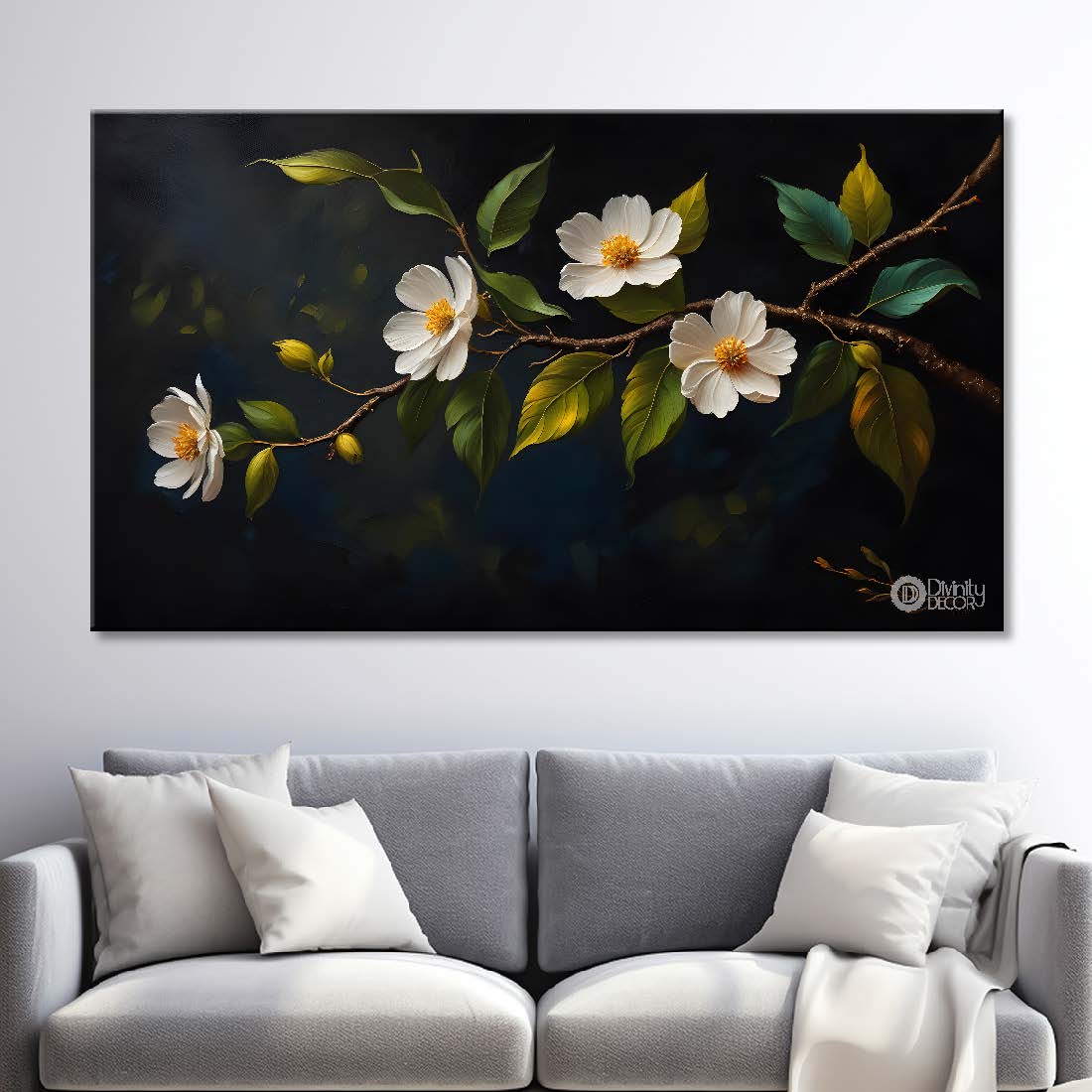 White flowers in black background canvas painting- Flower-524