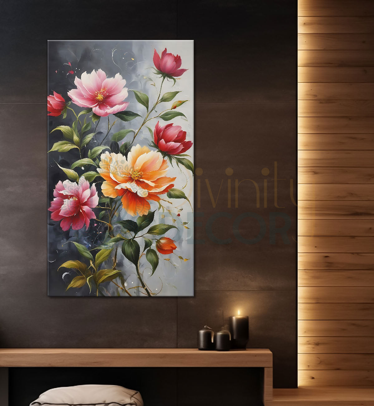 Pink flowers in grey textured painting- Flower-V-524