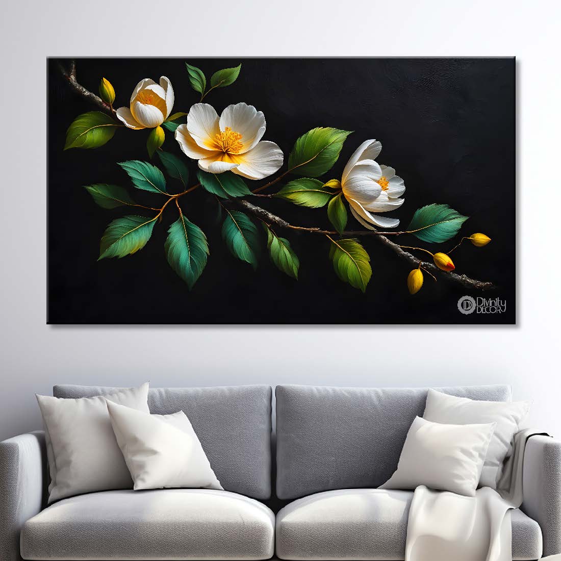 White flowers in black background canvas painting- Flower-525