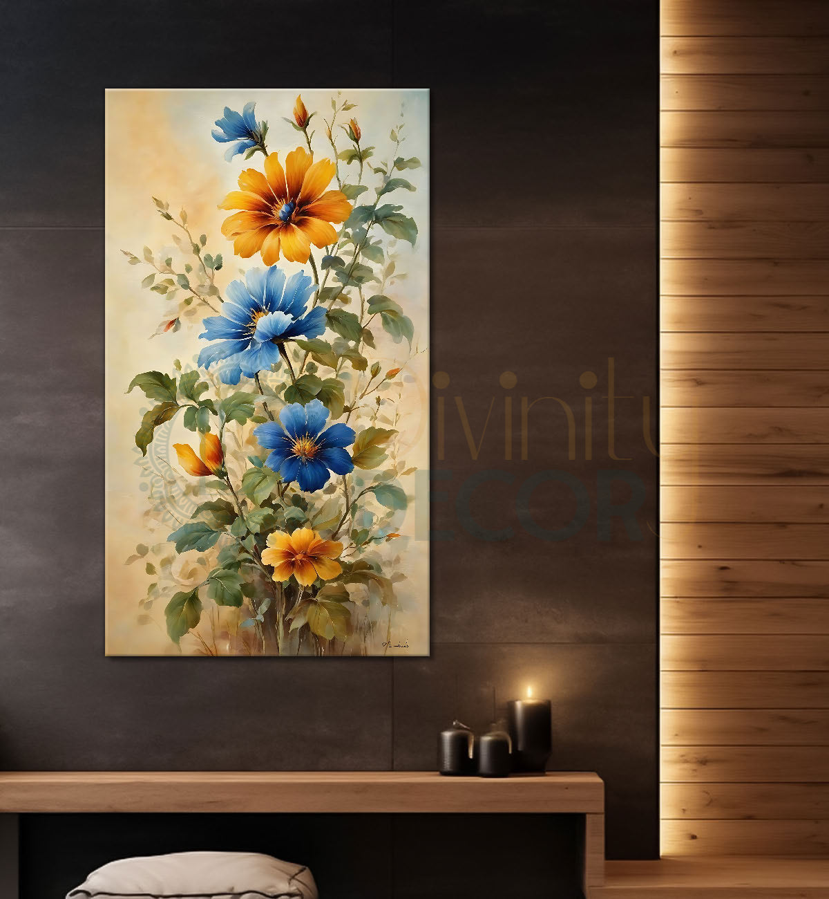 Yellow and blue flowers in light textured art - Flower-V-525
