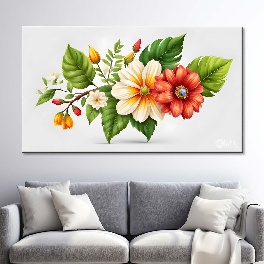 Orange and white flowers in light background canvas painting- Flower-526