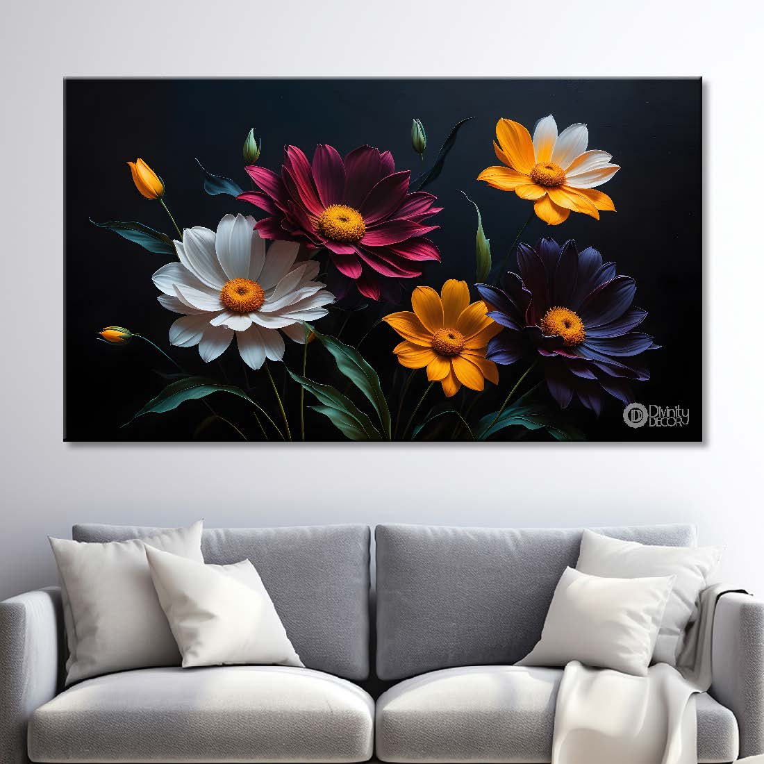 Colorful flowers in black background canvas painting- Flower-527