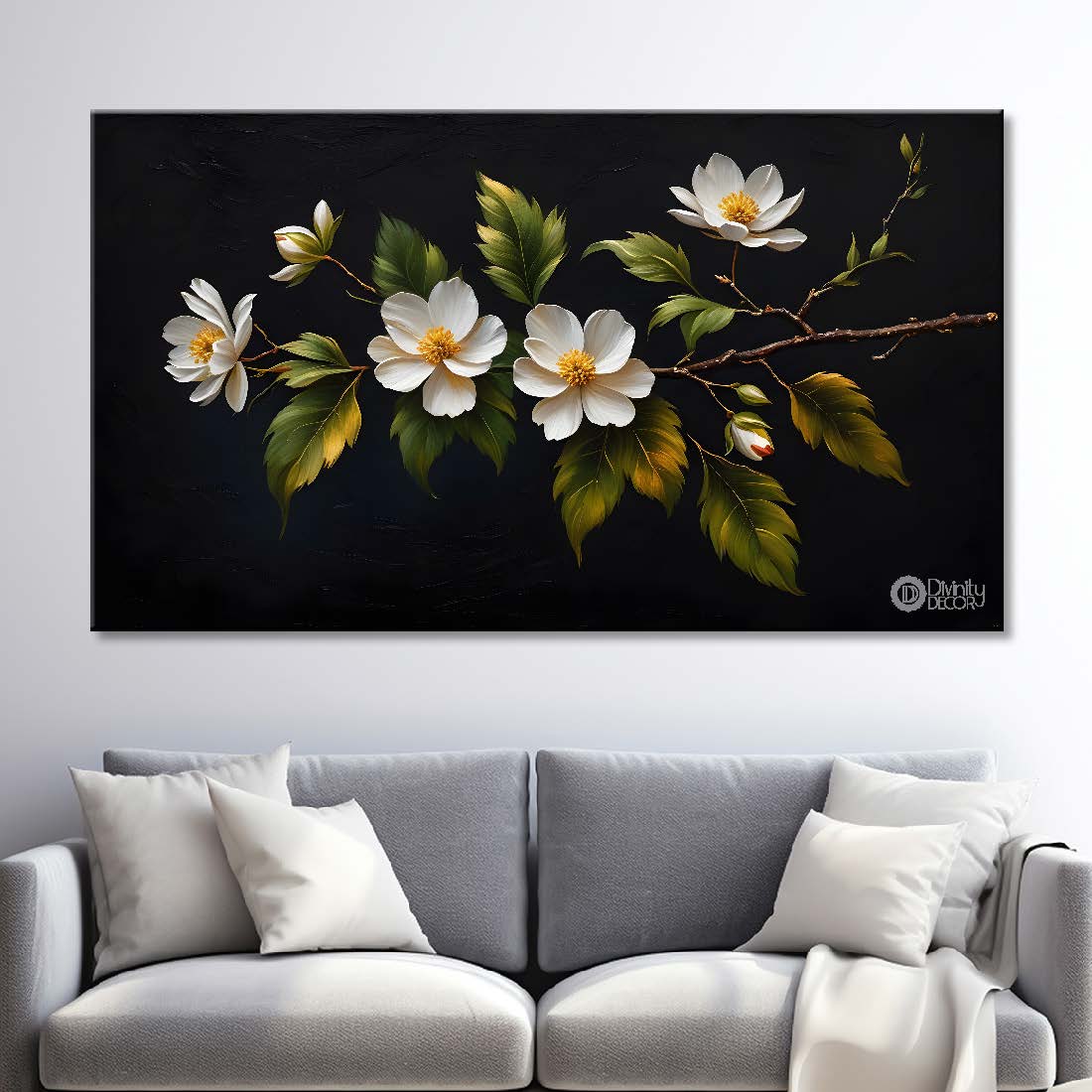 White flowers in black background canvas painting- Flower-528