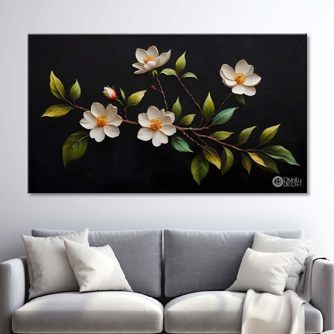 White flowers in black background canvas painting- Flower-529