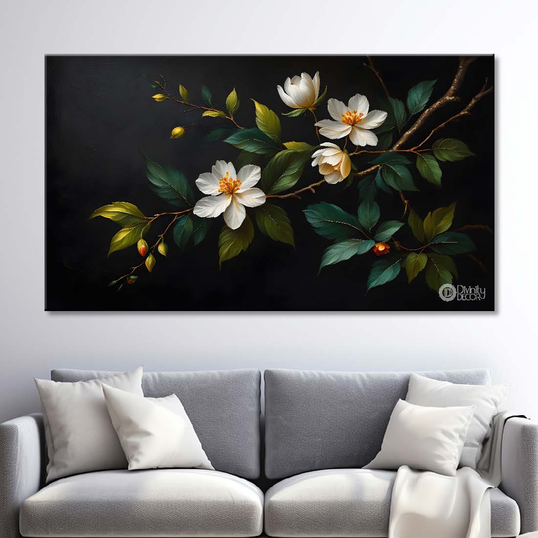White flowers in black background canvas painting- Flower-530