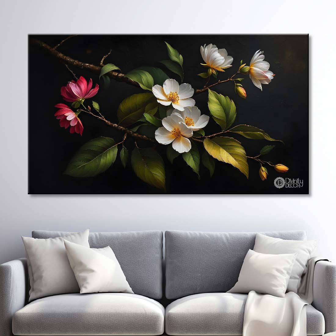 White flowers in black background canvas painting- Flower-531