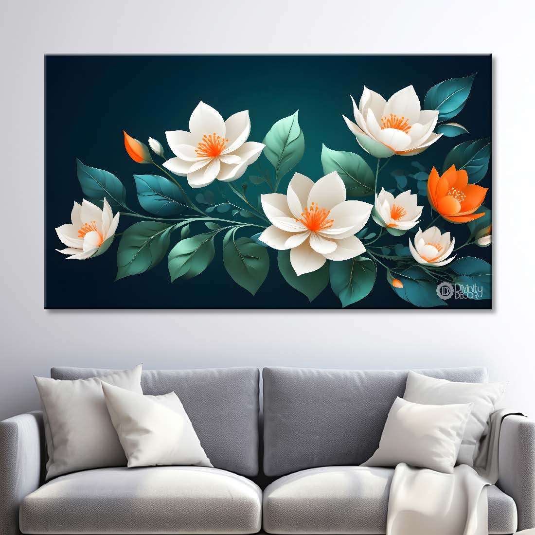 White flowers in sea green background canvas painting- Flower-532