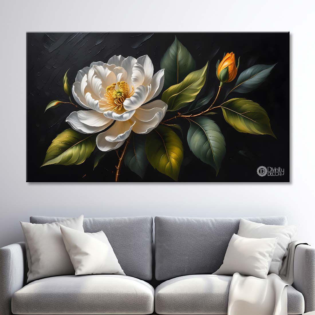 White flower in black background canvas painting- Flower-533