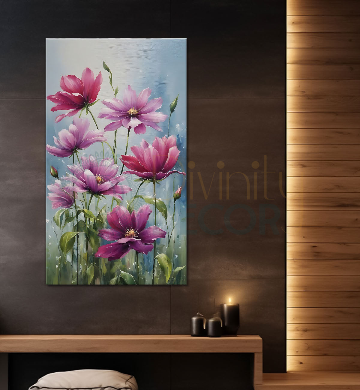 Pink flower in grey textured painting- Flower-V-533