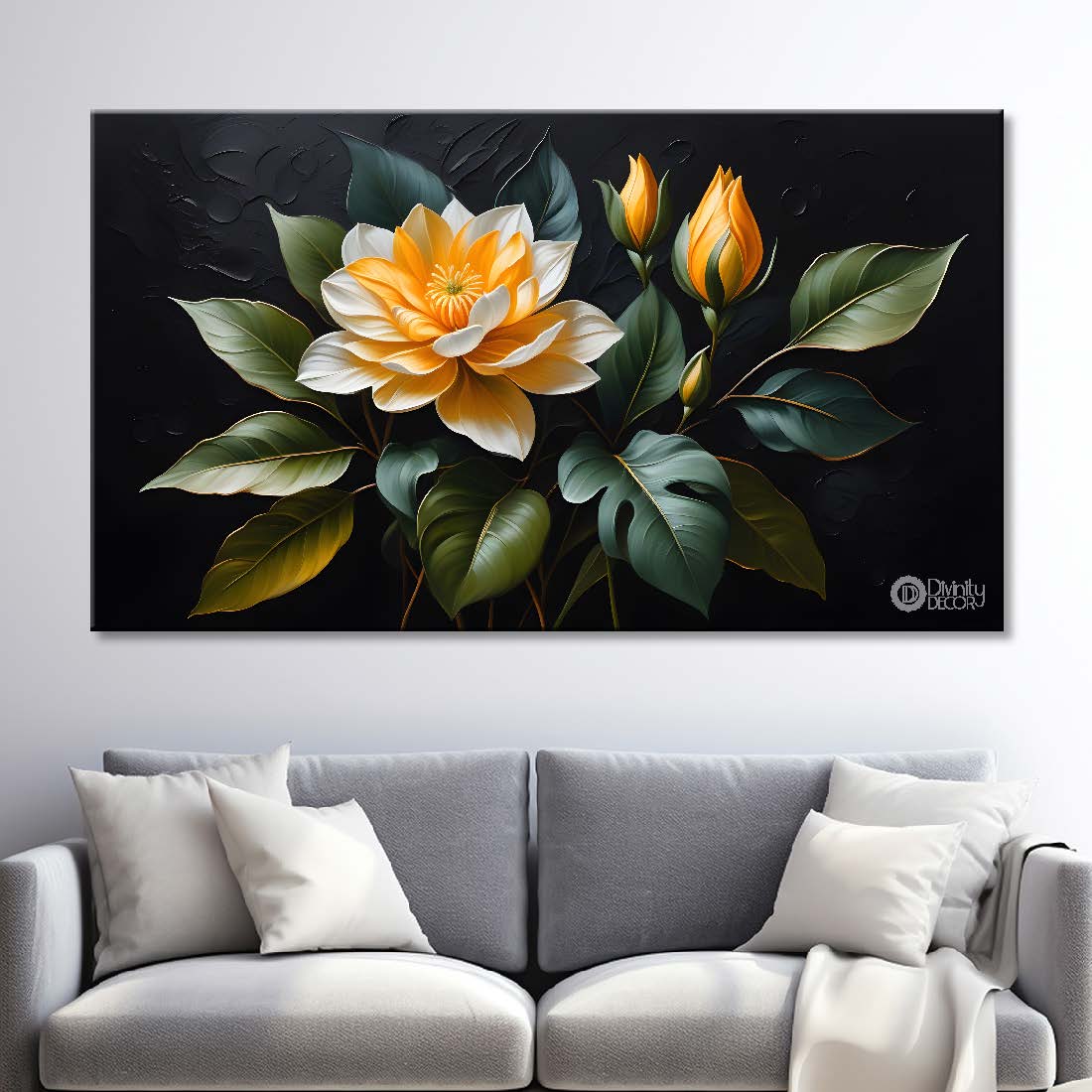 White flower in black background canvas painting- Flower-534