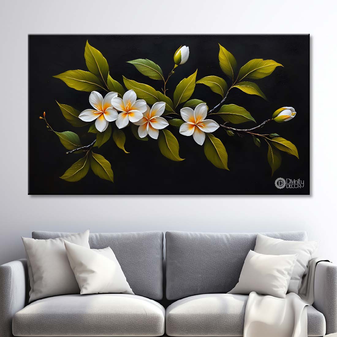 White flower in black background canvas painting- Flower-535