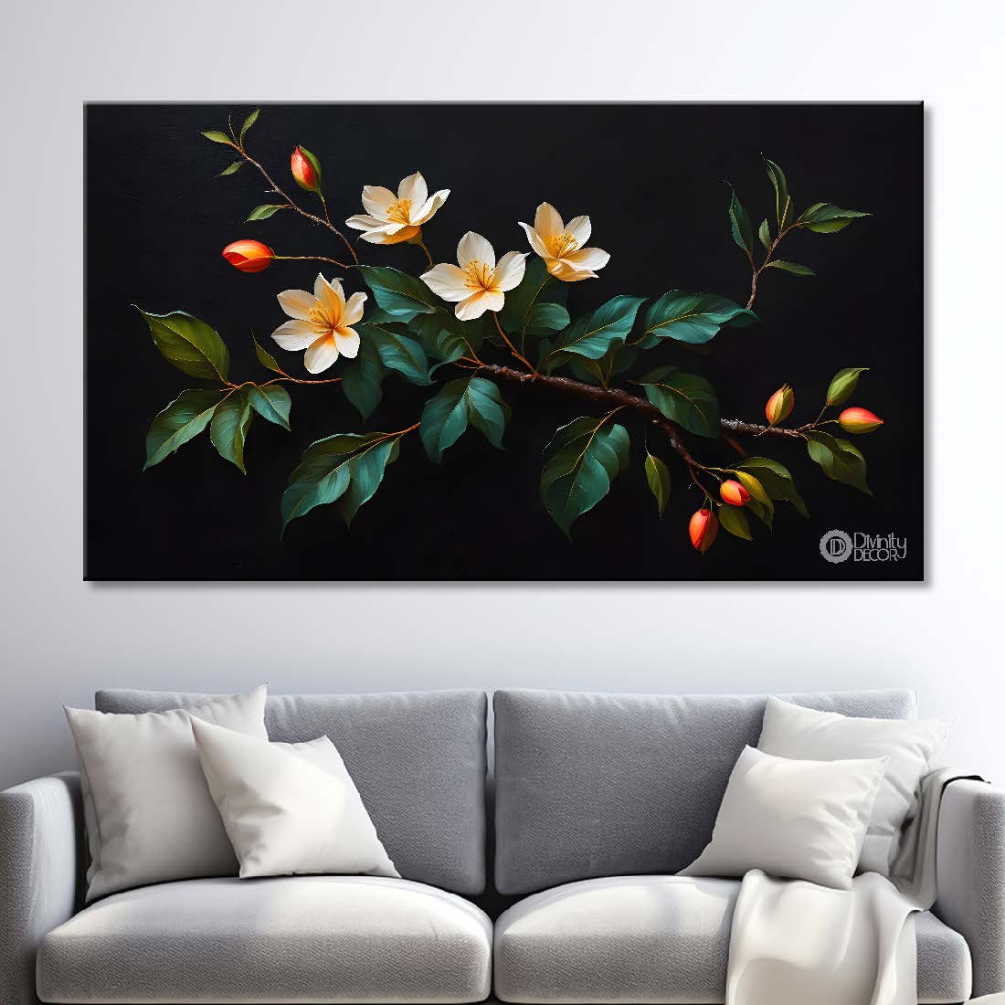 White flower in black background canvas painting- Flower-536