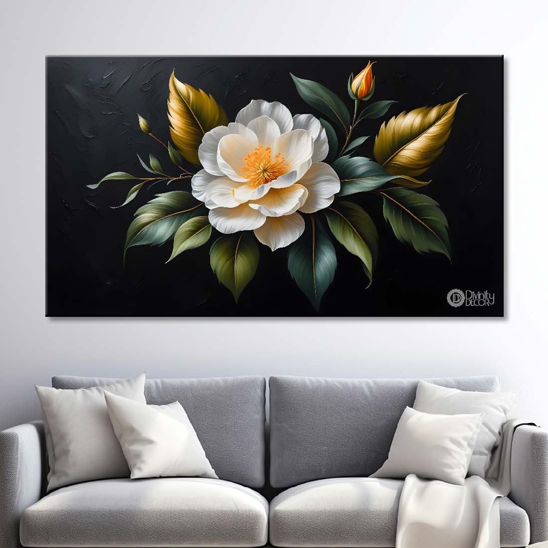 White flower in black background canvas painting- Flower-537