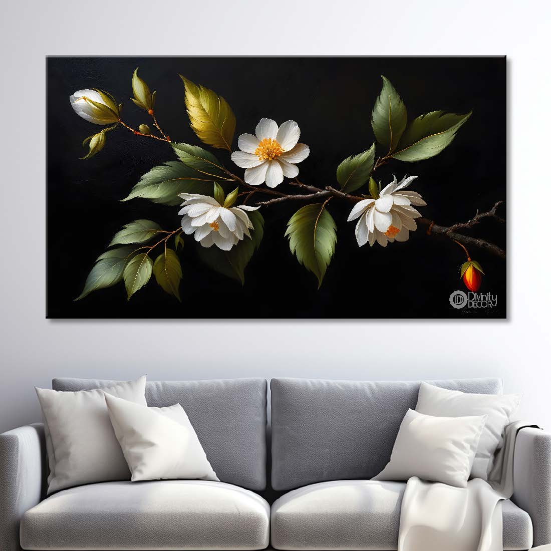 White flower in black background canvas painting- Flower-538