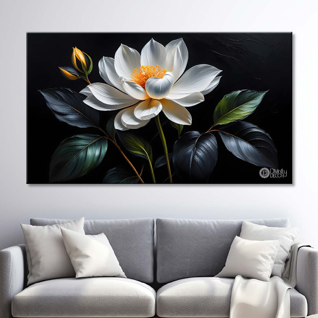 White flower in black background canvas painting- Flower-539