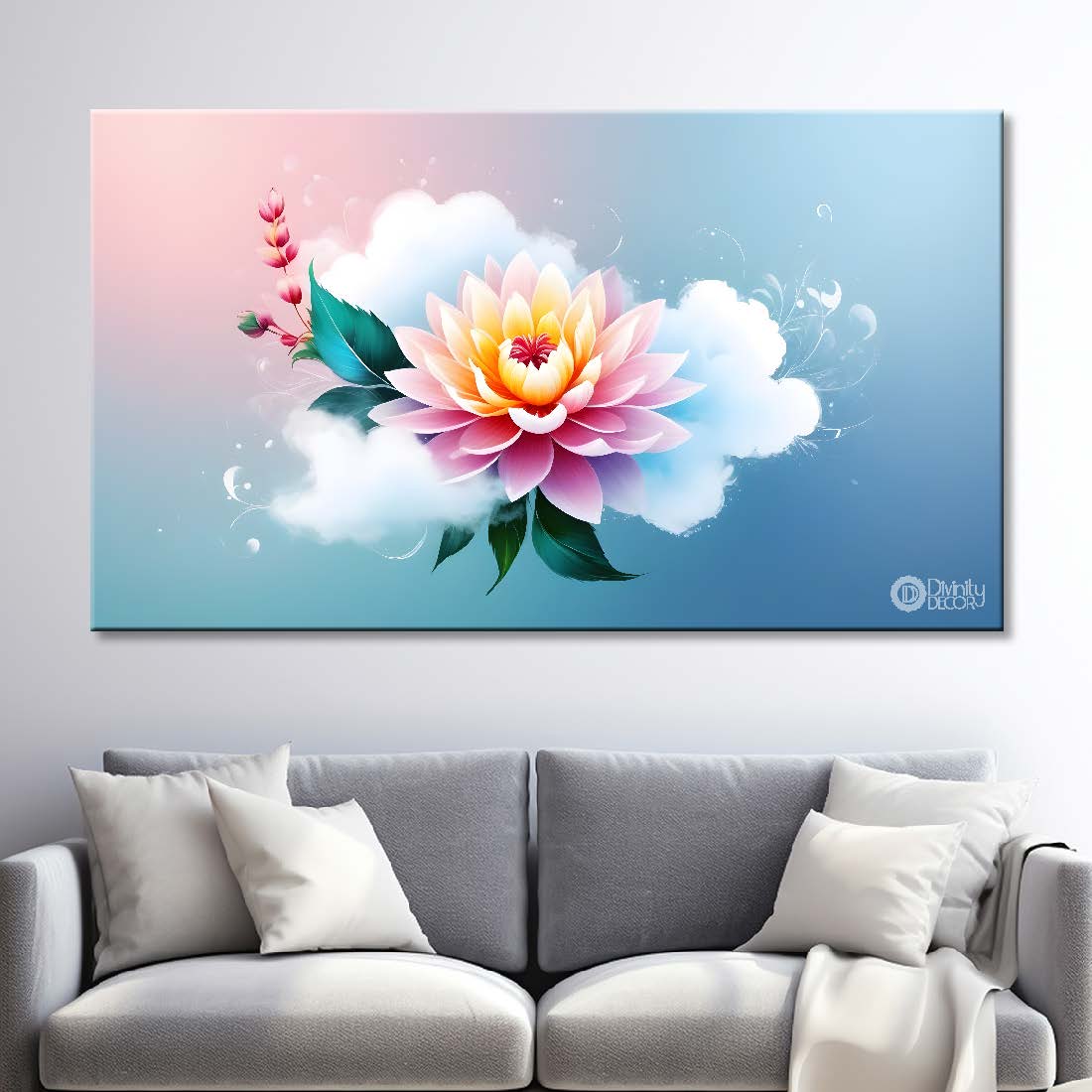 Pink flowers in colorful background canvas painting- Flower-541