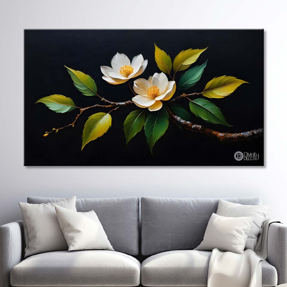 White flowers in black background canvas painting- Flower-542