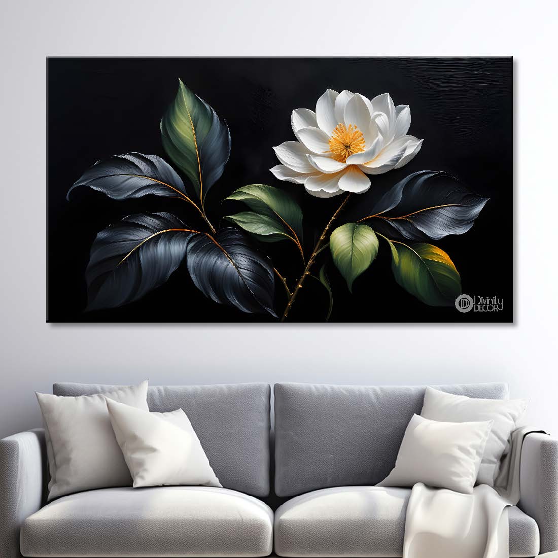 White flower in black background canvas painting- Flower-543