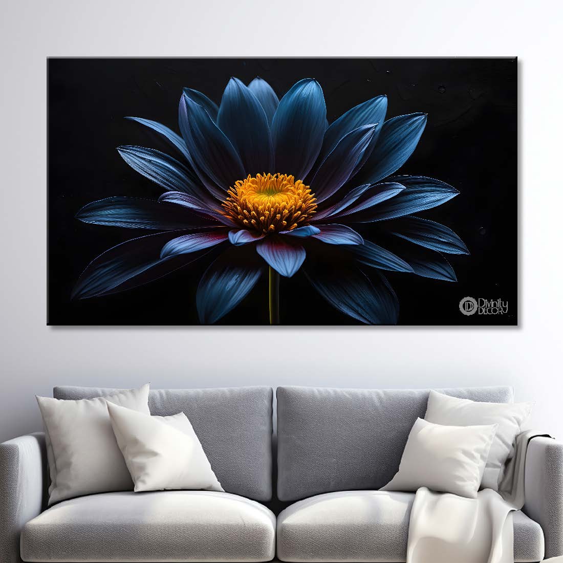 Navy blue flowers in black background canvas painting- Flower-544