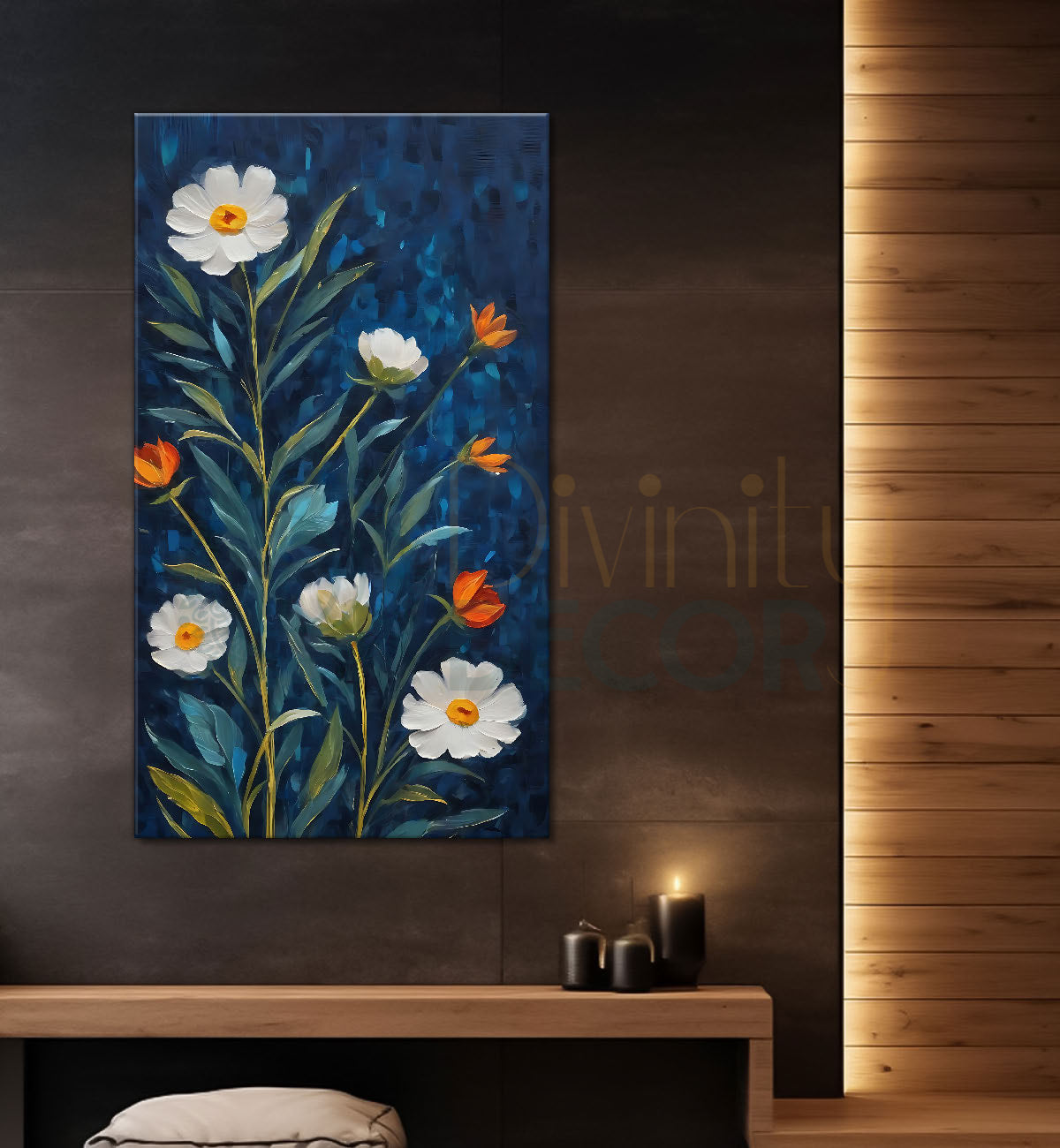 White flowers in navy blue background painting- Flower-V-547
