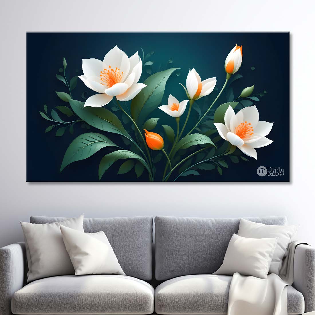 White flowers in sea green background canvas painting- Flower-549